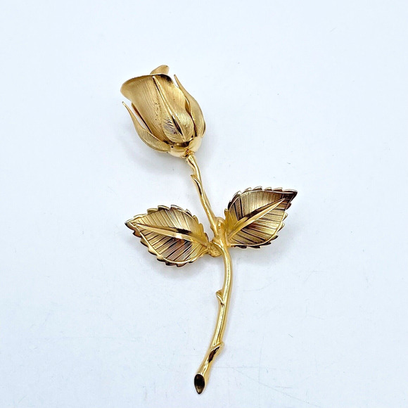 Giovanni Jewelry - Vintage Giovanni Flower Brooch Pin Long Stem Rose Bud Bloom Gold Tone Romantic